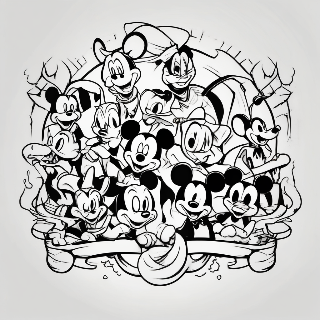 Disney charter aniamls sleeve tattoo floral sleeve tattoo, design de tatouage Cartoon généré par IA